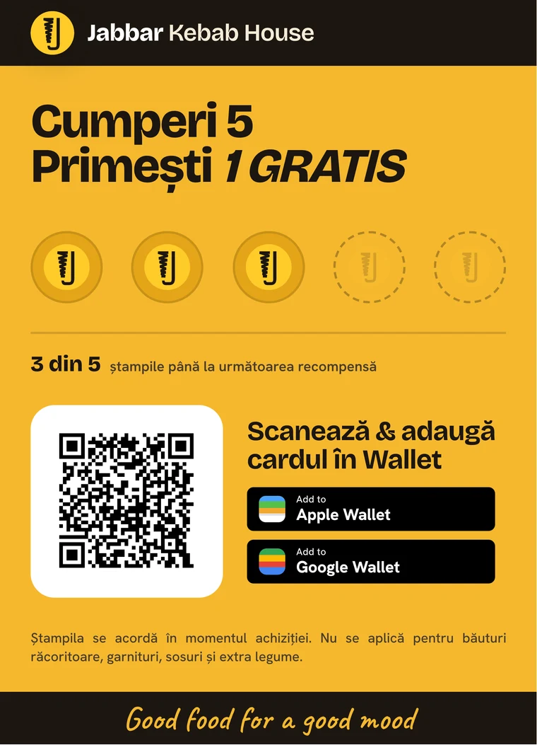 Flyerul cardului de fidelitate Jabbar Kebab House, cu cod QR pentru Apple și Google Wallet